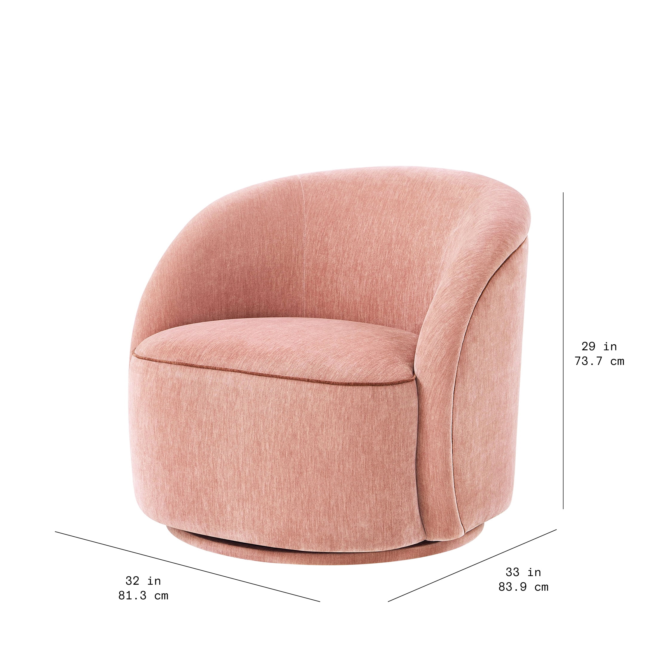 Beautiful Georgiana Swivel Chair by Drew Barrymore, Rose Pink with Faux Leather Rust Piping