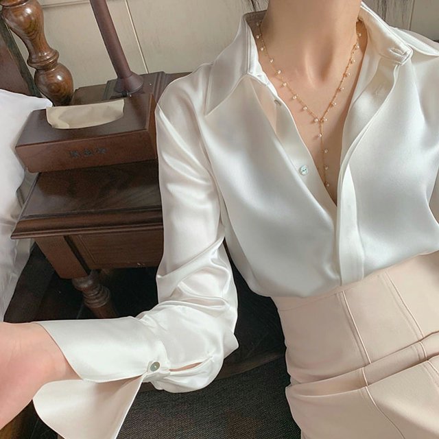 Blusa de satén de manga larga para mujer, camisas de Color sólido a la moda francesa, ropa de oficina para mujer, camisas elegantes para mujer, ropa coreana para mujer