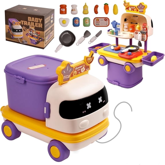 Play Kitchen Sets for Kids,Pretend Cooking Toys,2 in 1 Kitchen Playset Truck Toy with Food Accessories Kitchen Tools Set,Play Pots,Big Pull Truck for Children Age 3 ,Birthday Xmas Gifts for Boy Girl