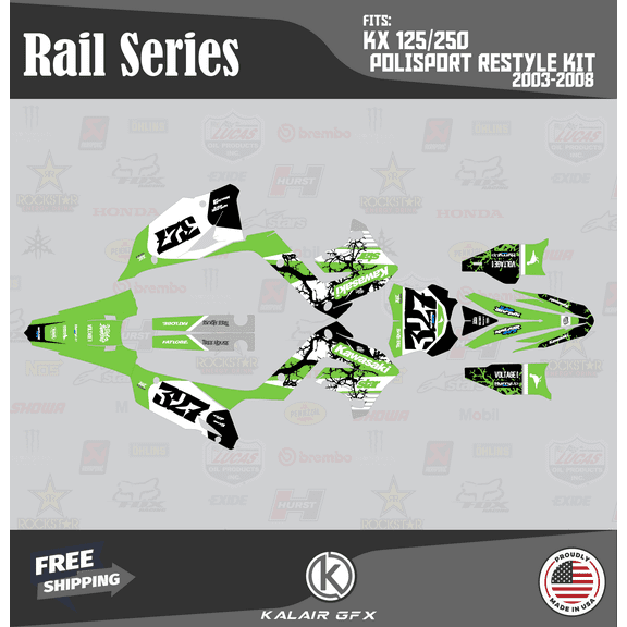 Kalair GFX Graphics Kit for Kawasaki KX250 POLISPORT RESTYLE (2003-2008) Rail Series