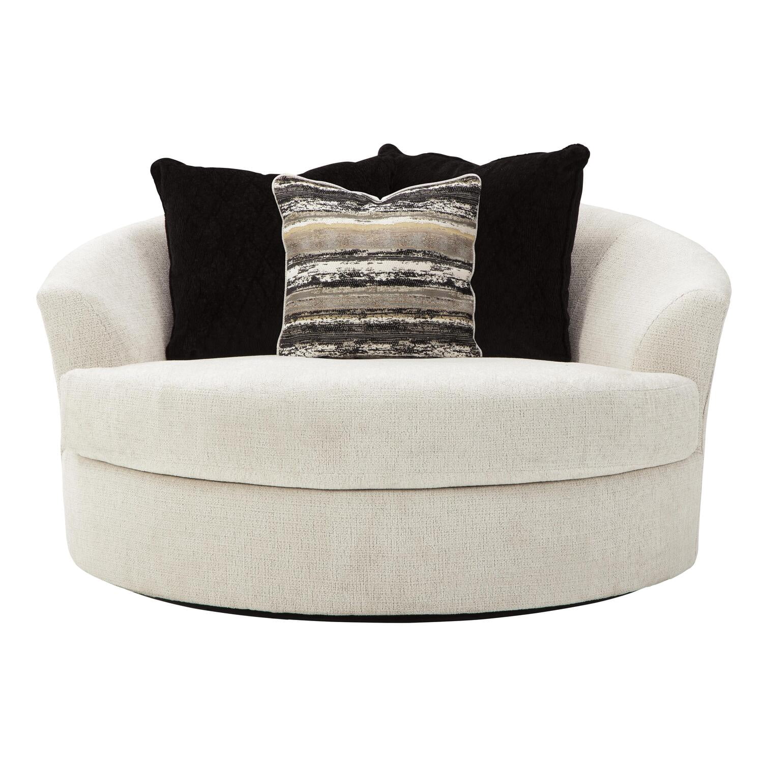 Benjara Fabric Upholstered Round Oversized Swivel Chair Off White 