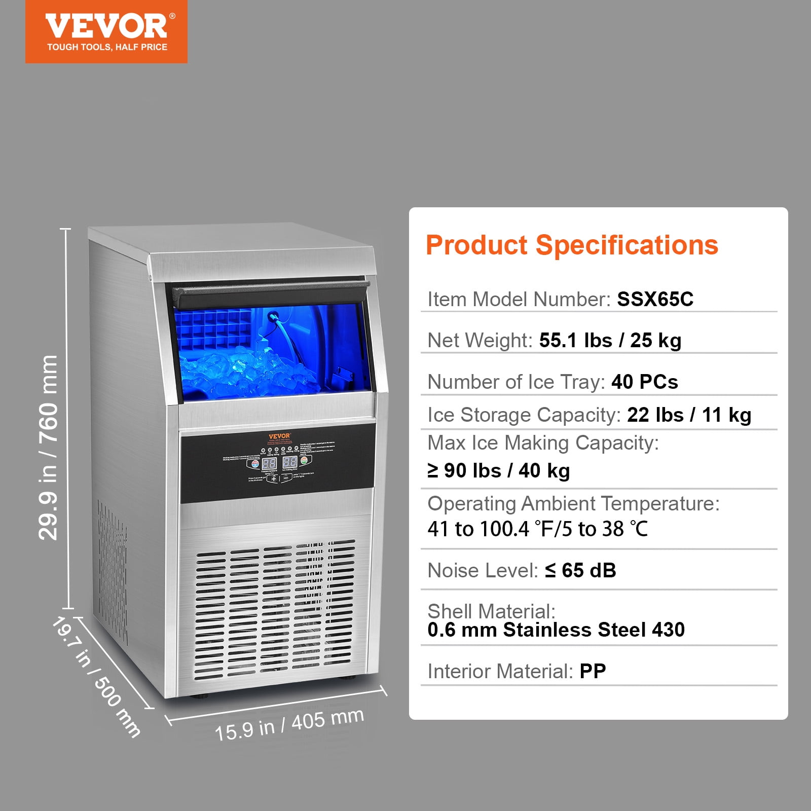 KFFKFF 110V Commercial Ice Maker 90lbs/24H with 22lbs Bin, Full Heavy Duty Stainless Steel Construction, Automatic Operation, Clear Cube for Home Bar