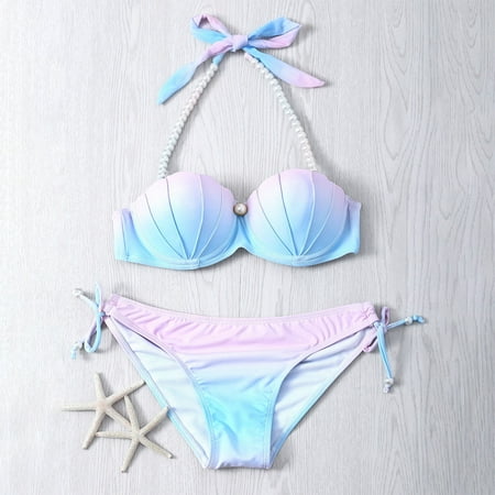 Dihao Bikini Bandeau Set for Women Clearance Plus Size Women String Of Pearls Bandage Gradient Sexy Bra Beach Bikini Set Swimsuit Beachwear Swimwear Bikinis Sets