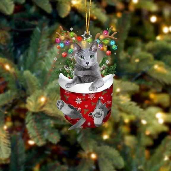 Acrylic 2D FLAT Russian Blue Cat In Snow Pocket Christmas Ornament 1