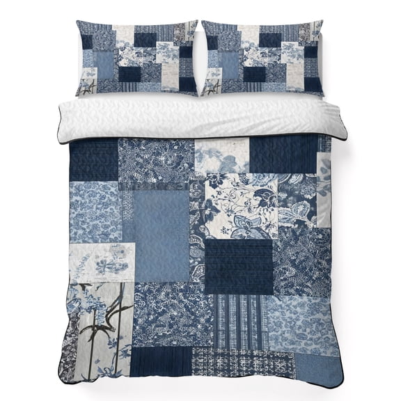 Quilts Twin XL Size Bedding Set, Navy Blue Checkered Lightweight Quilted Comforter, Vintage Floral Abstract Art Soft Reversible Bedspread Coverlet with Pillow Covers for All Season, 68" x 98"