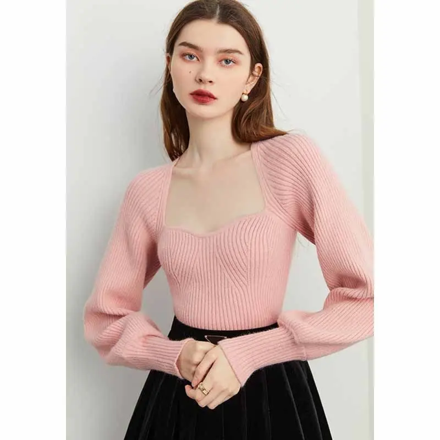 Elegante jersey de punto adelgazante de estilo francés Zhiyi para mujer, camiseta de manga farol adelgazante de otoño 2024 que suaviza la silueta
