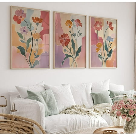 UNFFRAMED Abstract Flower Botanical Poster Set, Boho Flower Wall Art Flower Market Poster, Aesthetic Pastel Art Decor, Retro Flower Poster Set 3 Prints 8x12