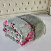 NC King Size Blanket 2 Ply Thick Warm Plush Bed Blanket For Winter, 10lbs, Grey Pink Floral, 85x93