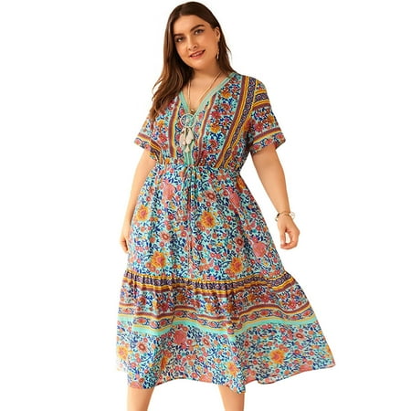 

Plus Size Women Holiday BOHO V Neck Floral Print Lace-up Short Sleeve Swing Midi
