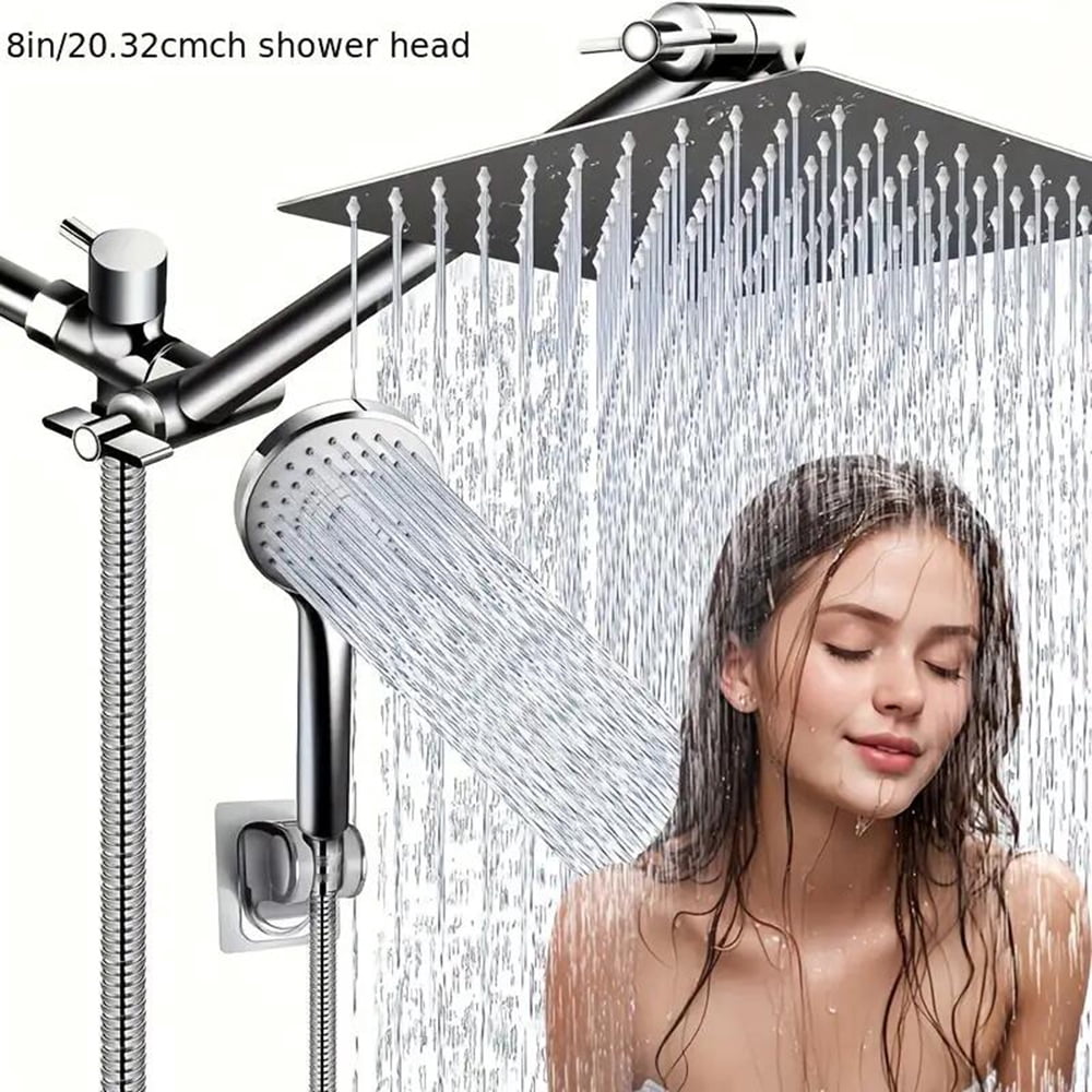 Shower Head Combo,8 Inch High Pressure Rain Shower Head with 11 Inch Adjustable Extension Arm and 3 Settings Handheld Shower Head Combo with Long Hose