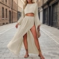 thumbnail image 2 of DHFJKG Summer 2 Piece Outfits Women Skirt Sets Beach Vacation Clothes Linen Long Sleeve Crop Top And High Waist Side Slit Flowy Maxi Skirts Soft Outfit, 2 of 4