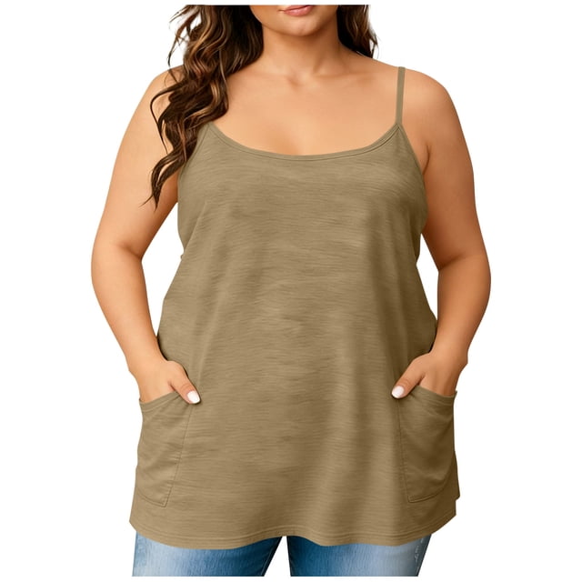 RXMEKW Débardeur Grande Taille pour Femmes avec Poche Col Rond Décontracté Été Polyester