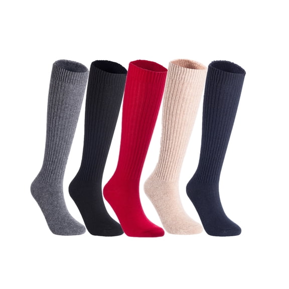 Lian LifeStyle Big Girl's & Women's 5 Pairs Exceptional Non slip, Cozy and Cool Knee High Wool Socks LFS05 Size L/XL (Grey,Black,Red,Beige,Navy)