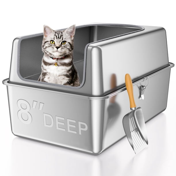Caja de arena de acero inoxidable para gatos con tapa, caja de arena de metal XXL para gatos grandes, cajas de arena extra grandes de 8 pulgadas de pr