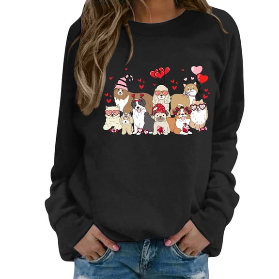 Bibifish Womens Sweatshirts Valentine Dog & Heart Graphic Crewneck Sweatshirts Cute Pet Pattern Family Gathering Outings Adorable Pullover