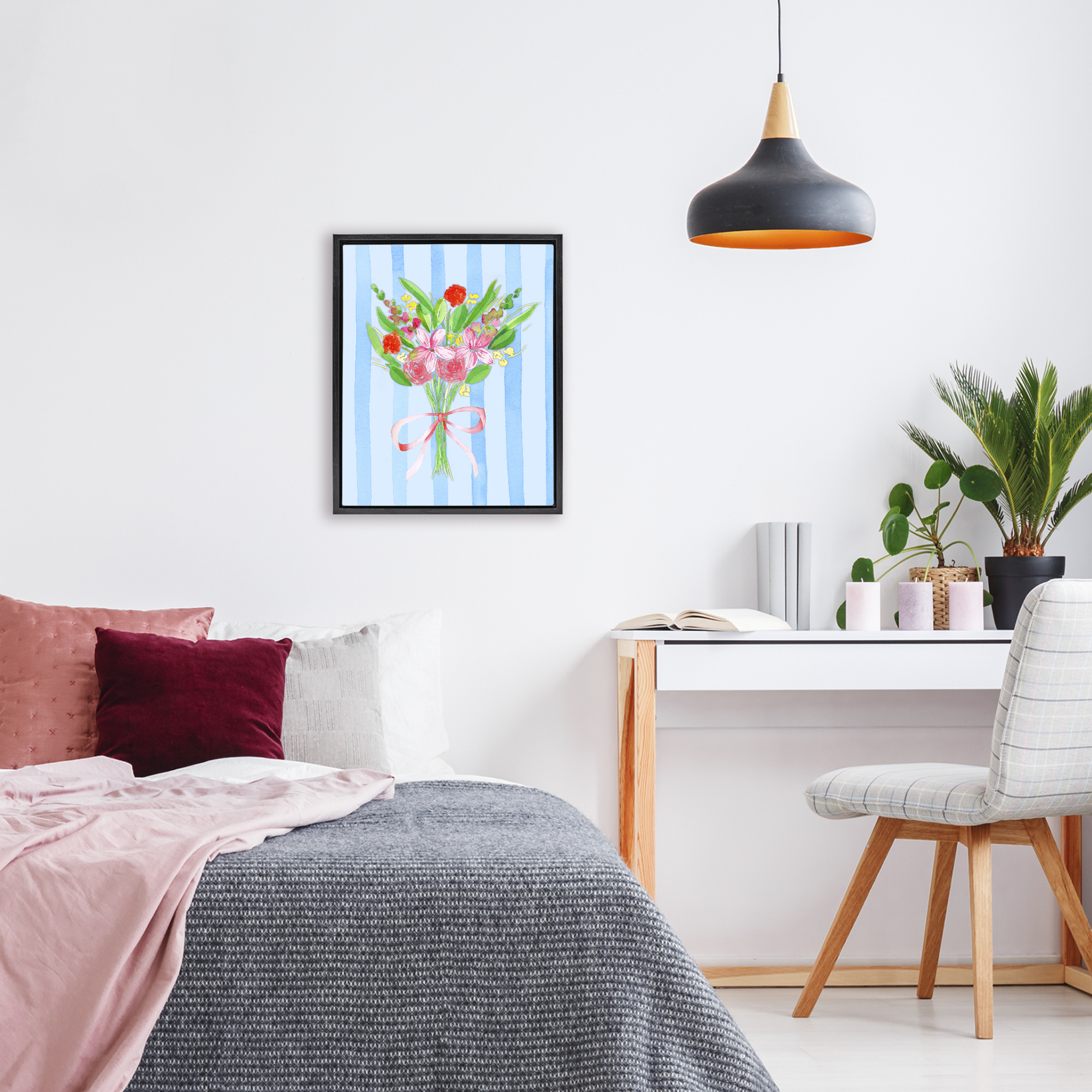 Bright Springy Bouquet Stripes Black Framed Floater Canvas Wall Art, design by Nina Jacobs