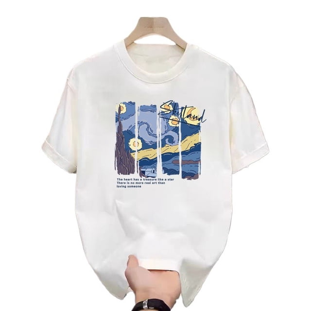 T-Shirt Décontracté d'Été Blanc Imprimé Hommes Femmes Extérieur Respirant Coton Chemise Ronde