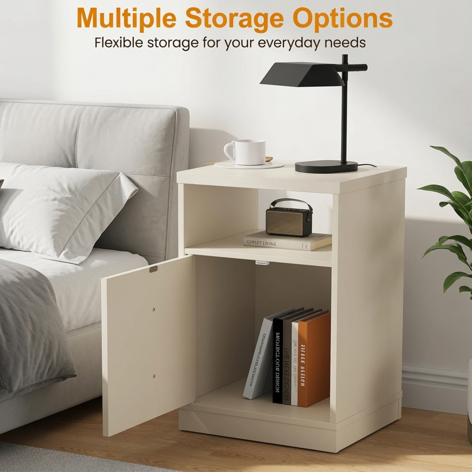 15.7in Wide Beige Engineered Wood Nightstand, Modern Faux 2-Drawer Side Table with Door & Open Storage Shelf, Small Bedside Table for Bedroom Dorm Apartment