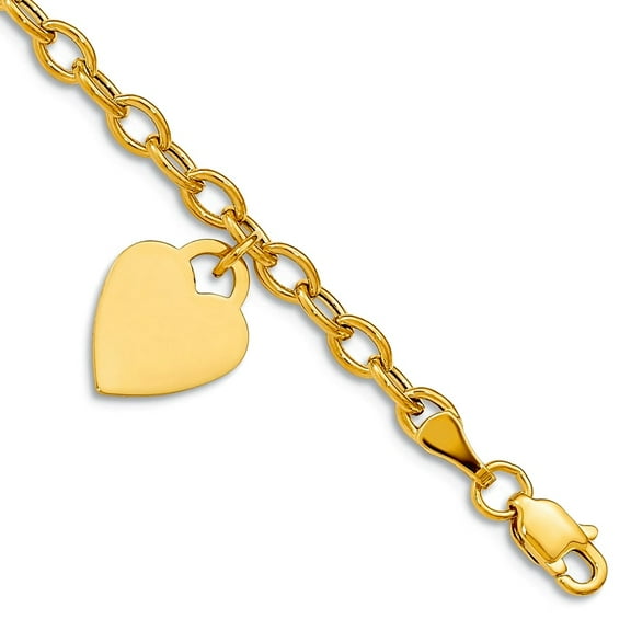 10.5mm 10k Solid Yellow Gold Dangle Love Heart Bracelet 8.5 Inch Link Bracelet for Women - 2.2 Grams