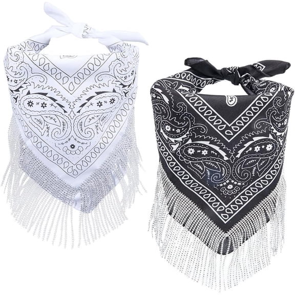 2PCS Black White Western Bandana Womens Boho Neck Scarf Fringe Rhinestone Bling Tassel Bachelorette Paisley Bandanas Neckerchief Bulk Set