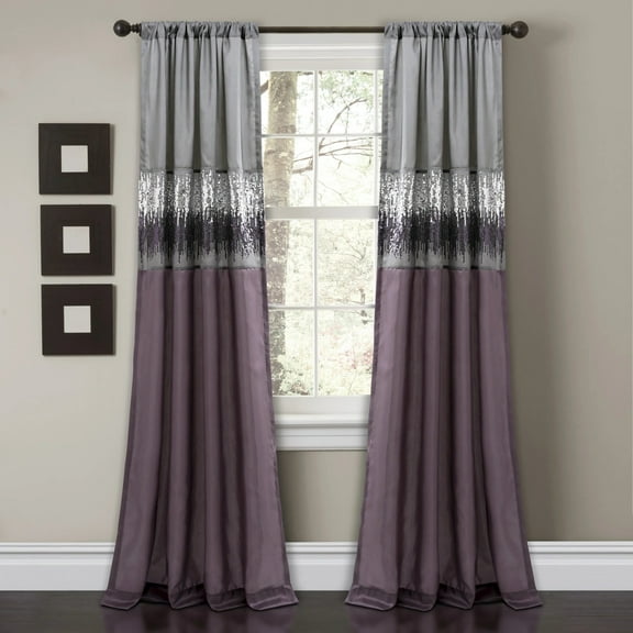 Lush Decor Night Sky Sparkling Sequins Stripe Pattern 3" Rod Pocket Light Filtering Window Curtain For Girls Room, Purple/Gray 84"L x 42"W, Single Panel