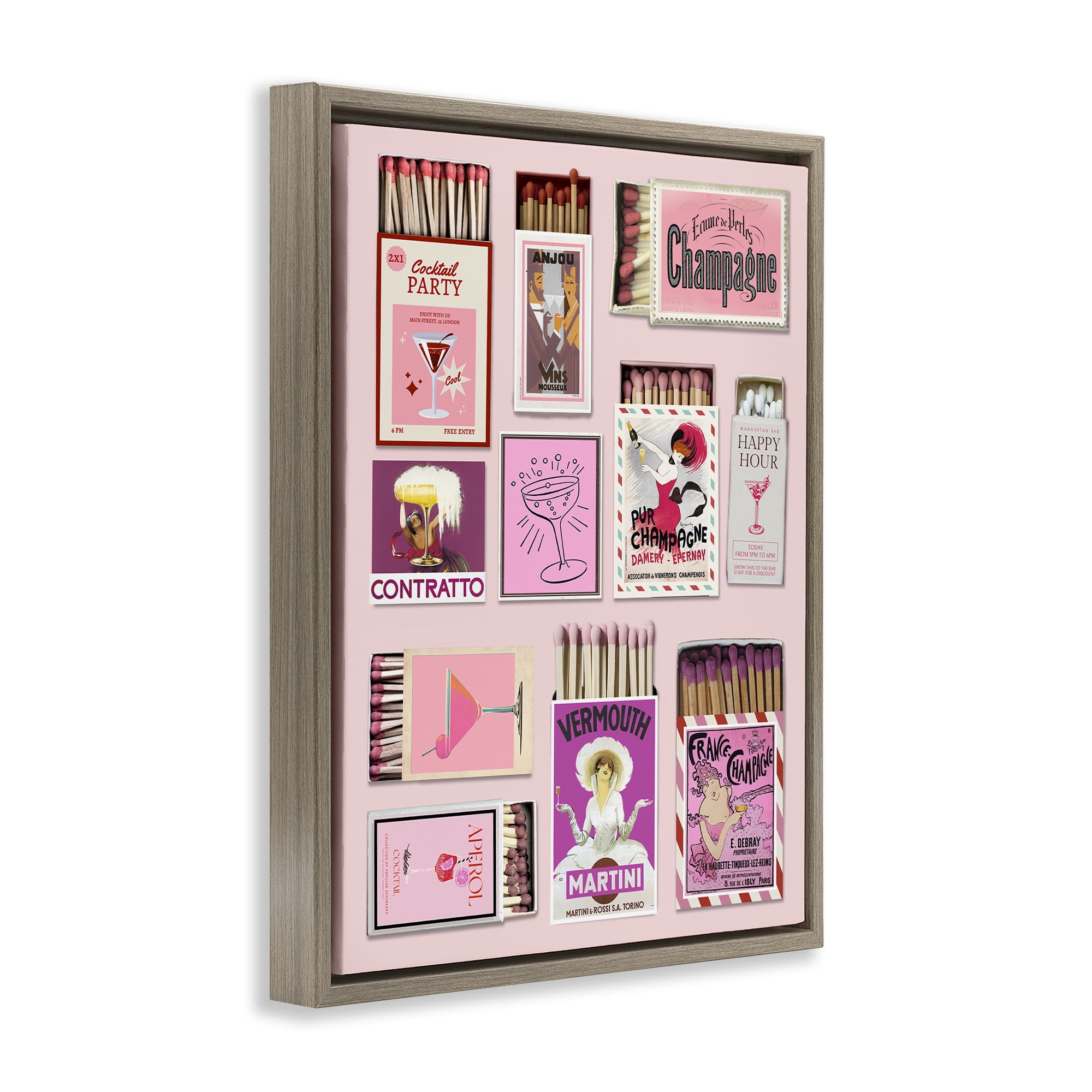 Stupell Industries Champagne & Cocktail Matchboxes Brown Framed Floater Canvas Wall Art, design by CAD Designs