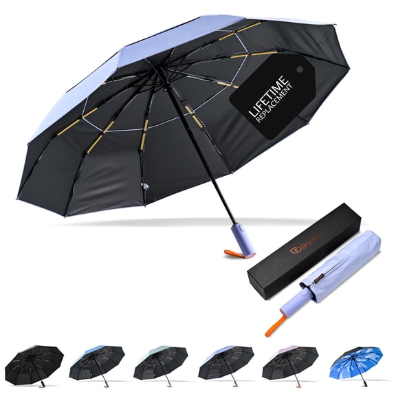 DryDay 46" Travel Umbrellas for Rain - Large Windproof Double Canopy Umbrella, 10 Durable Ribs, Strong Frame, Auto Open Close Ergonomic Handle, Compact Waterproof Umbrella for Women & Men, PalePurple