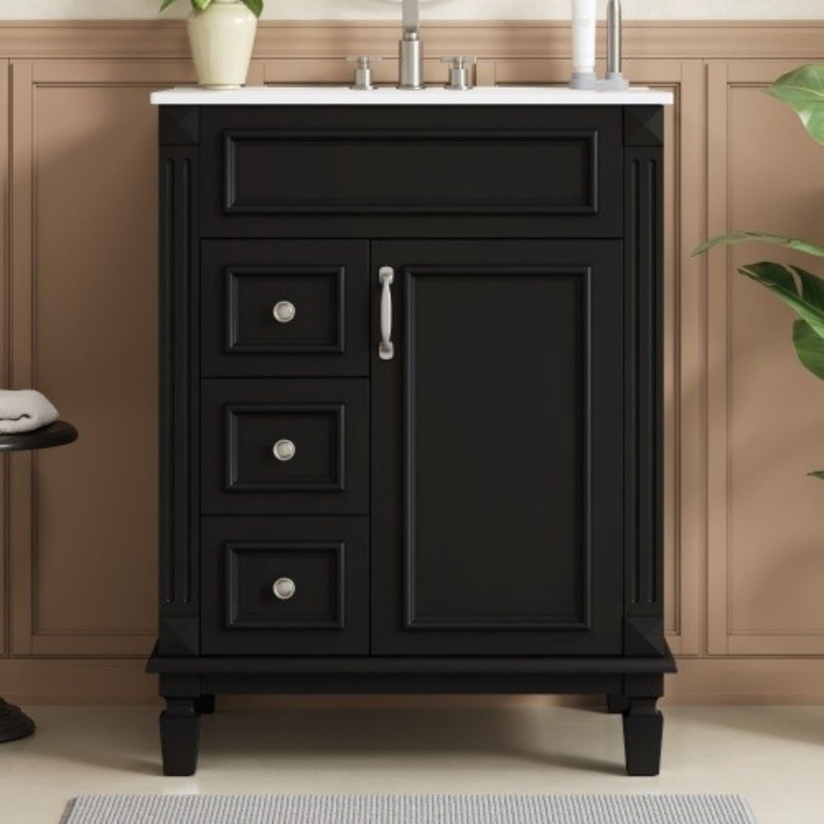 24" Bathroom Vanity with Ceramic Sink, Small Bathroom Vanity Cabinet with 2 Drawers, Adjustable Shelf, Soft-Close Door, Black