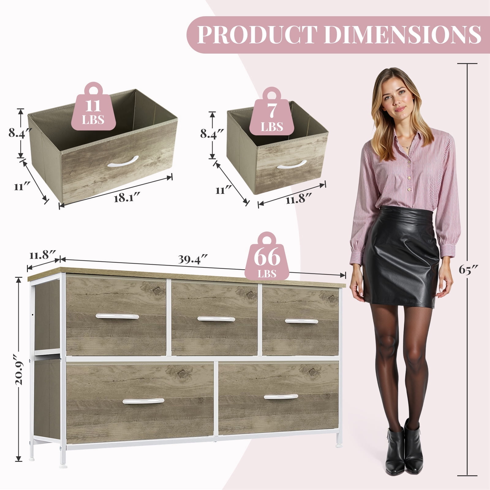 Dresser, Betcozy Storage Organizer with 5 Drawers for Bedroom, Chest of Drawers with Fabric Bins, Sturdy Metal Frame, Wood Tabletop, Smoked ash