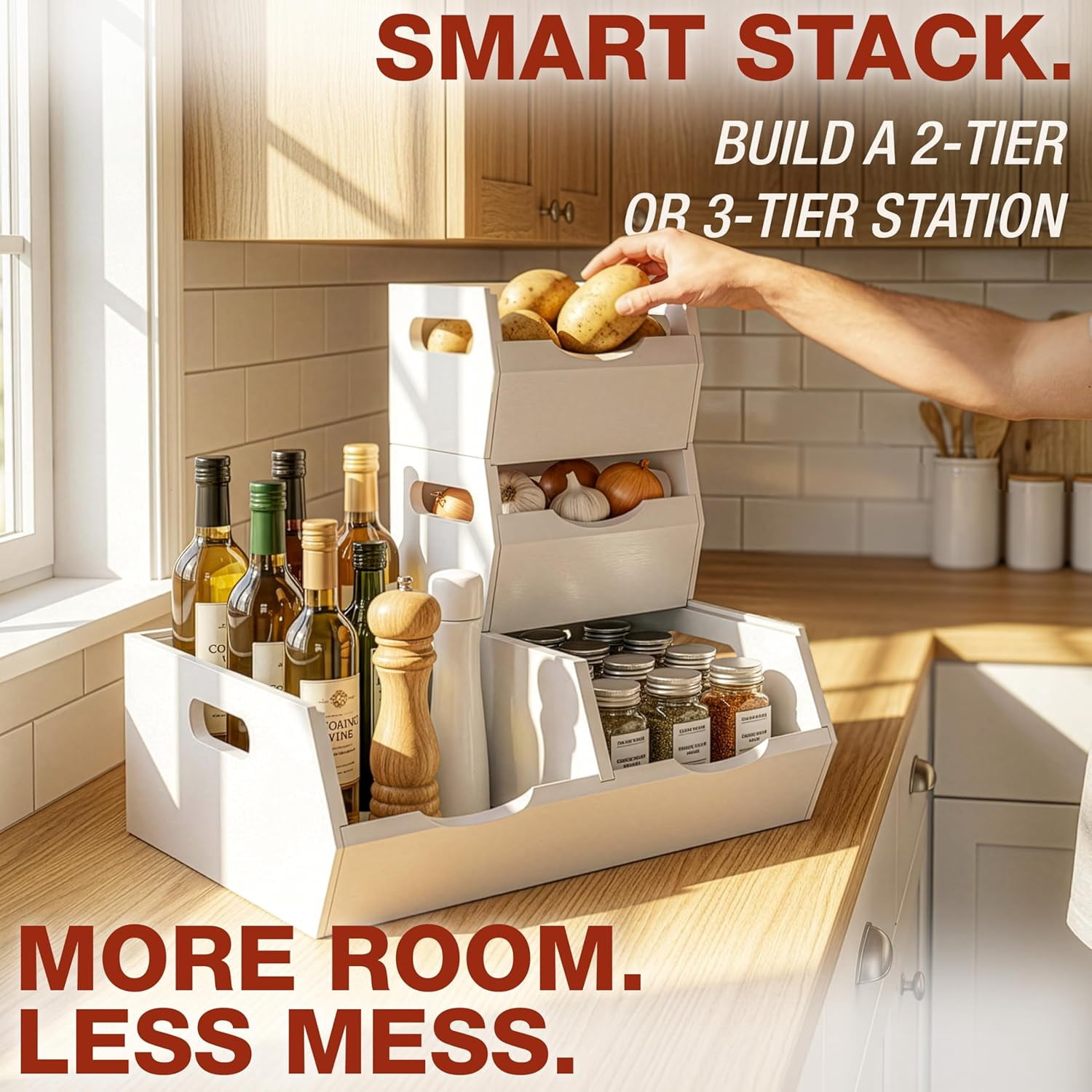 HOMESTEAD Acacia Wood Pantry Storage Bins, Stackable Bins Open Front Organizer, Ventilated Potato and Onion Storage Bins with Handles, Wooden Fruit Basket for Kitchen Pantry, Set of 3, White