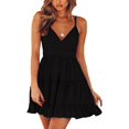thumbnail image 1 of Vestido skater mini con escote en V, tirantes finos, lazo, espalda descubierta, sin mangas, de encaje, para mujer$Vestidos de mujer Vestido veraniego con escote en V, tirantes finos, lazo, 1 of 7