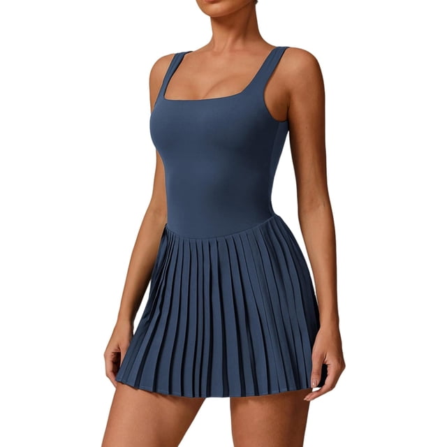 PISONIC Robe de Tennis et de Golf pour Femmes avec Soutien-Gorge Intégré, Short, Dos Nu, Encolure Carrée, Ourlet Plissé, Robes Athlétiques avec Poches