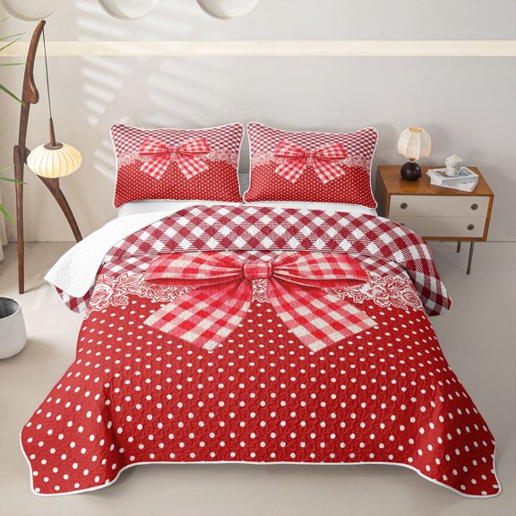 Erosebridal Girls Red Plaid Bowknot Twin Quilt Set,Teens Vintage Polka Dots Flowers Twin Coverlet Set
