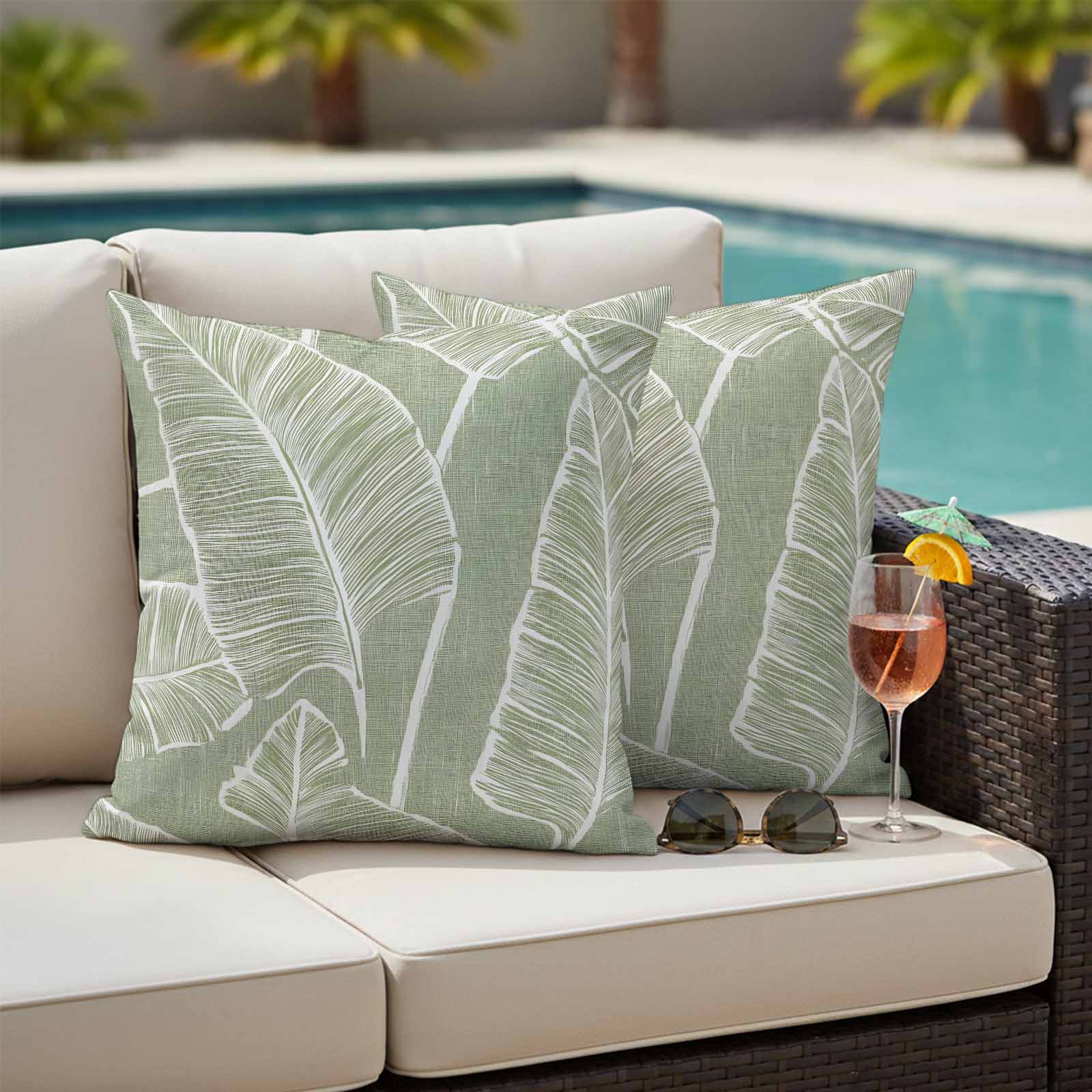 Pack of 2 Outdoor Pillow Covers,Waterproof Tropical Bloom Silhouettes Throw Pillow Covers,Green Palm Leaf Decorative Pillowcases Cushion Covers for Patio Couch Pillow Sham Protector 20x20 Inch