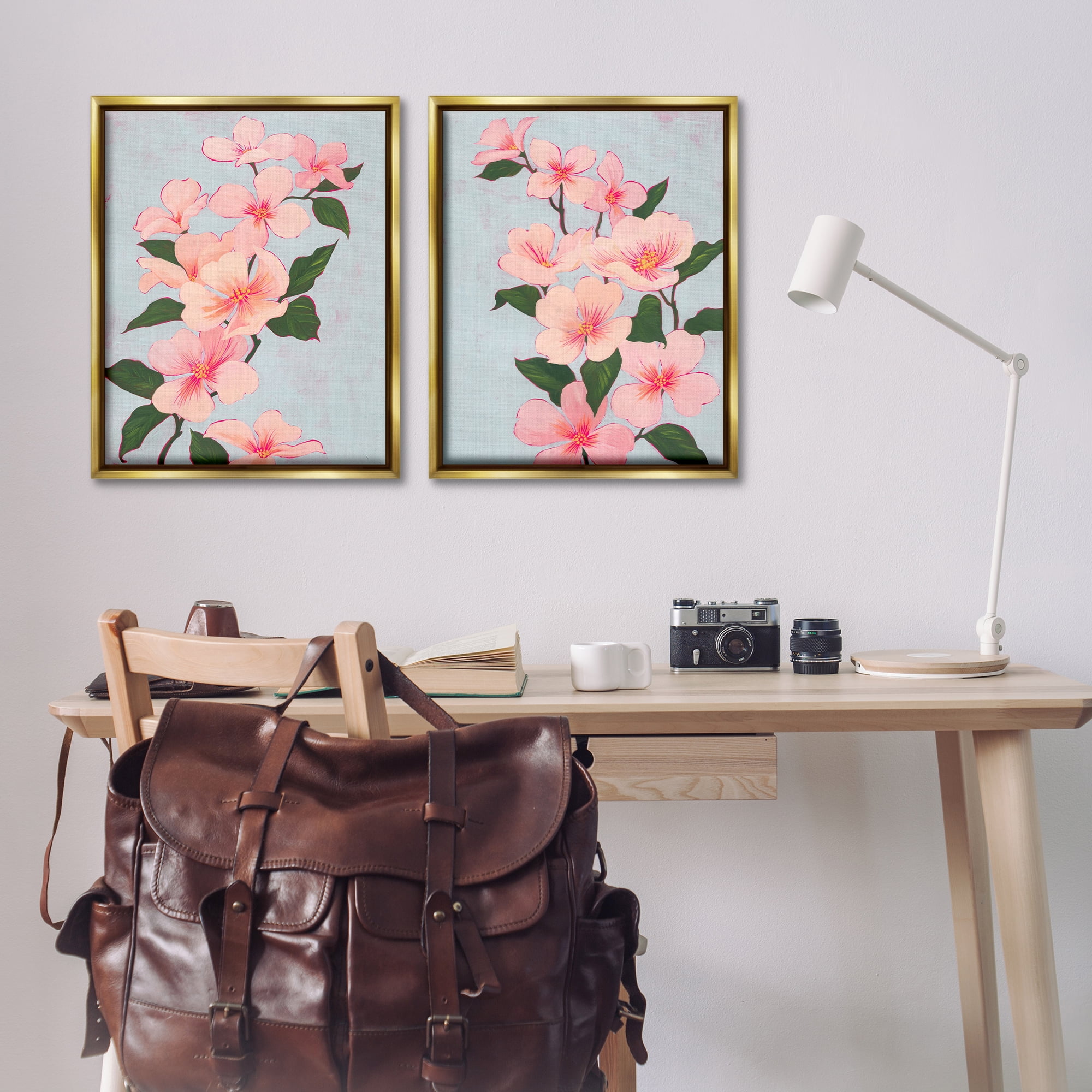 Stupell Industries Pink Cherry Blossom Branch Plants & Flowers Painting Gold Floater Framed Canvas Art Print Wall Art, 31 x 25, Set of 2