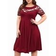 thumbnail image 1 of Robe Midi Grande Taille en Dentelle Mousseline Portefeuille à Col Rond pour Femme, Cocktail, Invitée de Mariage, Rouge Vin, TTG, 1 of 9
