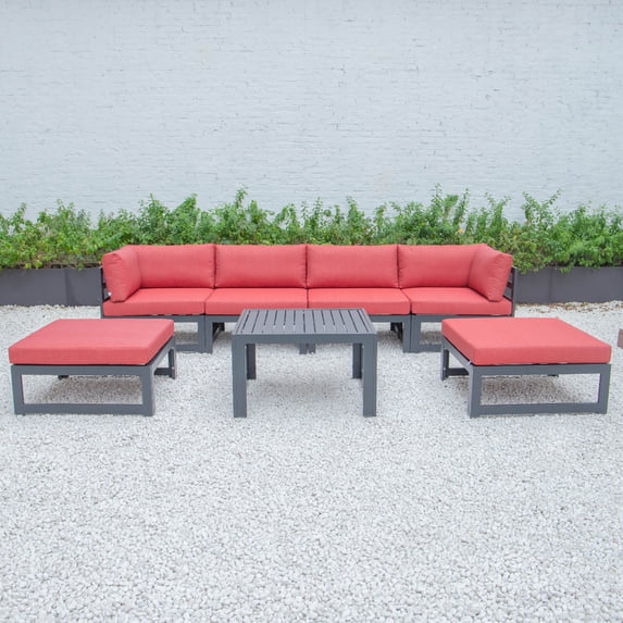 LeisureMod Chelsea 7-Piece Patio Conversation Set Outdoor Sectional Sofa Set Black Aluminum With Coffee Table, Ottomans & Cushions in Beige
