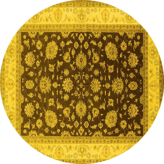 Ahgly Company Machine Washable Indoor Round Oriental Yellow Traditional Area Rugs, 5' Round