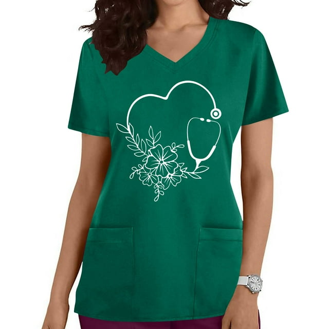 LSLJS Women's Fashion Short Sleeve V-Neck Tops Working Uniform Printing Pocket Blouse Tops, Womens Plus Scrubs