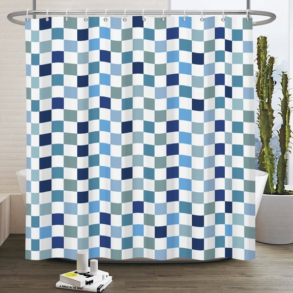 Duangreer Retro Blue and White Checkered Shower Curtains with 12 Hooks for Bathroom, Waterproof Washable, 72x72 Inches