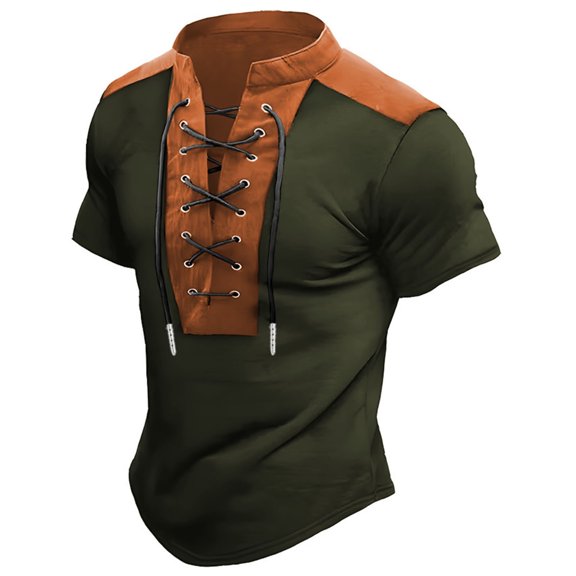 Men's Casual Short Sleeve Shirt with Stand Collar and Drawstring Detail in Breathable Polyester Fabric