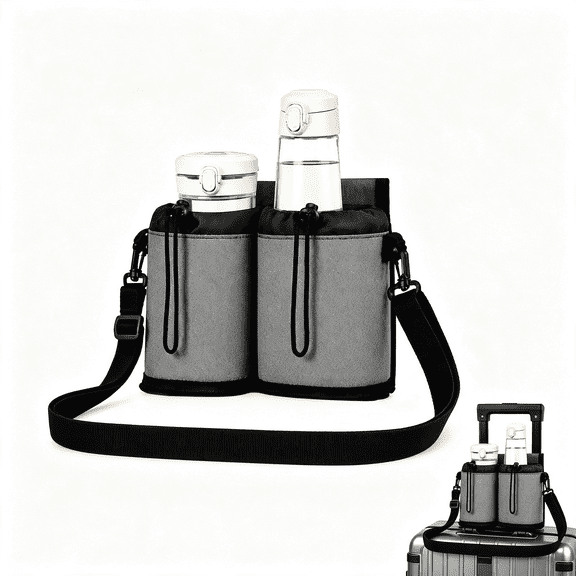 AUQ Luggage Travel Cup Holder with Shoulder Strap Free Hand Drink Carrier Carry on Beverage Cup Holder Attachment Fits Roll on Suitcase Handles Business People, Travel Essentials