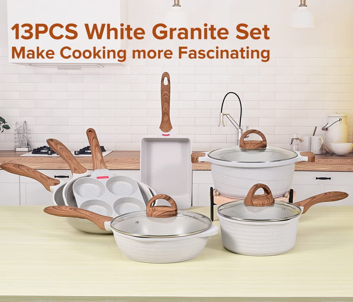 JEETEE 23pcs Pots and Pans Set Nonstick, White Granite Coating Cookware  Sets for Kitchen, w/Frying Pan, Saucepan, Sauté Pan, Griddle Pan, Crepe  Pan