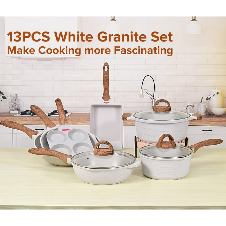 JEETEE Cooking Pots and Pans Set Nonstick White Granite Induction Cookware  Sets 12 Pieces w/Frying Pan, Saucepan, Sauté/ Egg Pan, PFOA Free (12pcs