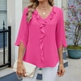 thumbnail image 3 of Fesfesfes Women's Solid Color Blouses Trendy Loose Casual Three-Quarter Sleeve V-Neck Tops Slim-Fitting Cut to Flatter Figure T-Shirt(Hot Pink#4,L), 3 of 3