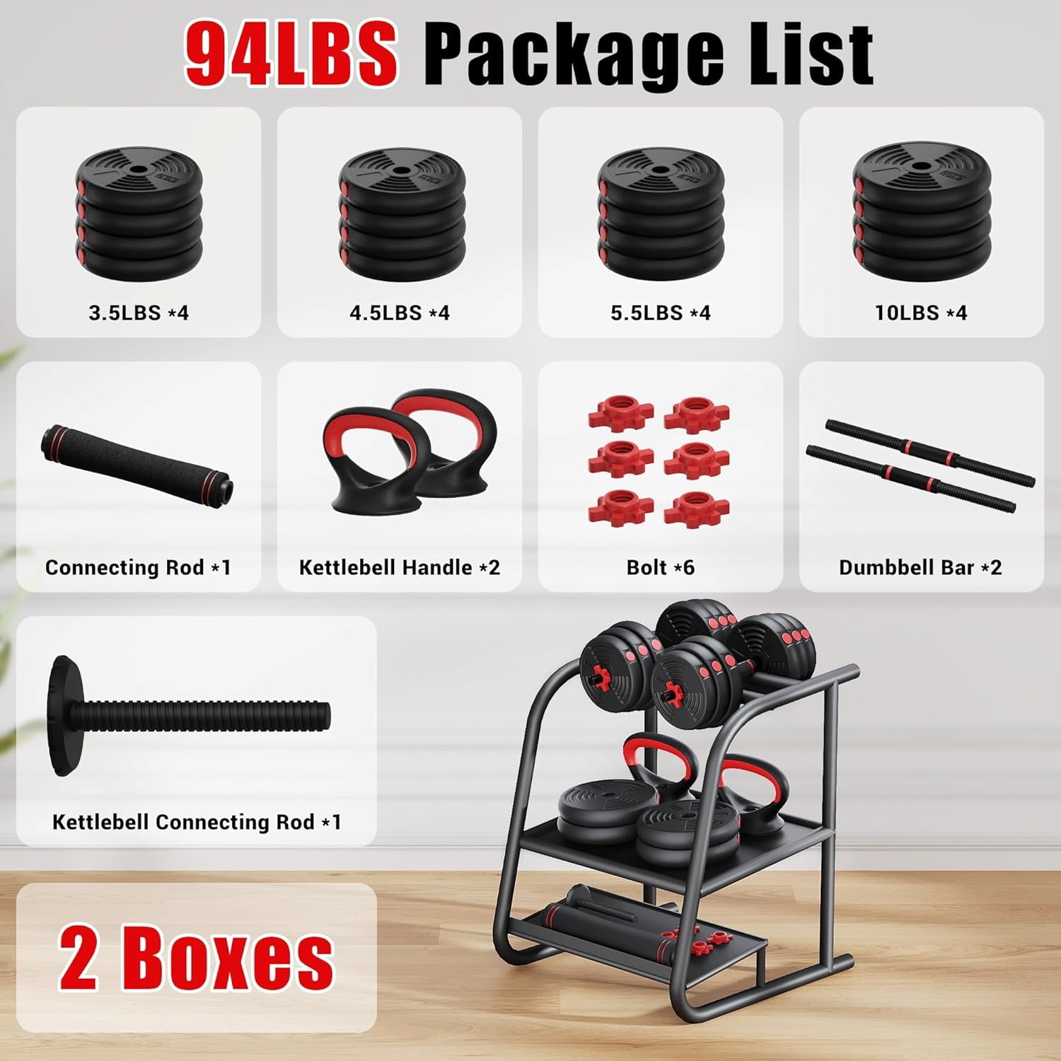 MITONOS Adjustable Dumbbells, 55/77/94 LBS Free Weight Dumbbells Set,4 In 1 Multi-Functional Dumbbell Set Used as Barbell, Kettlebells, Push Up Stand, Fitness Exercise for Home Gym Workout