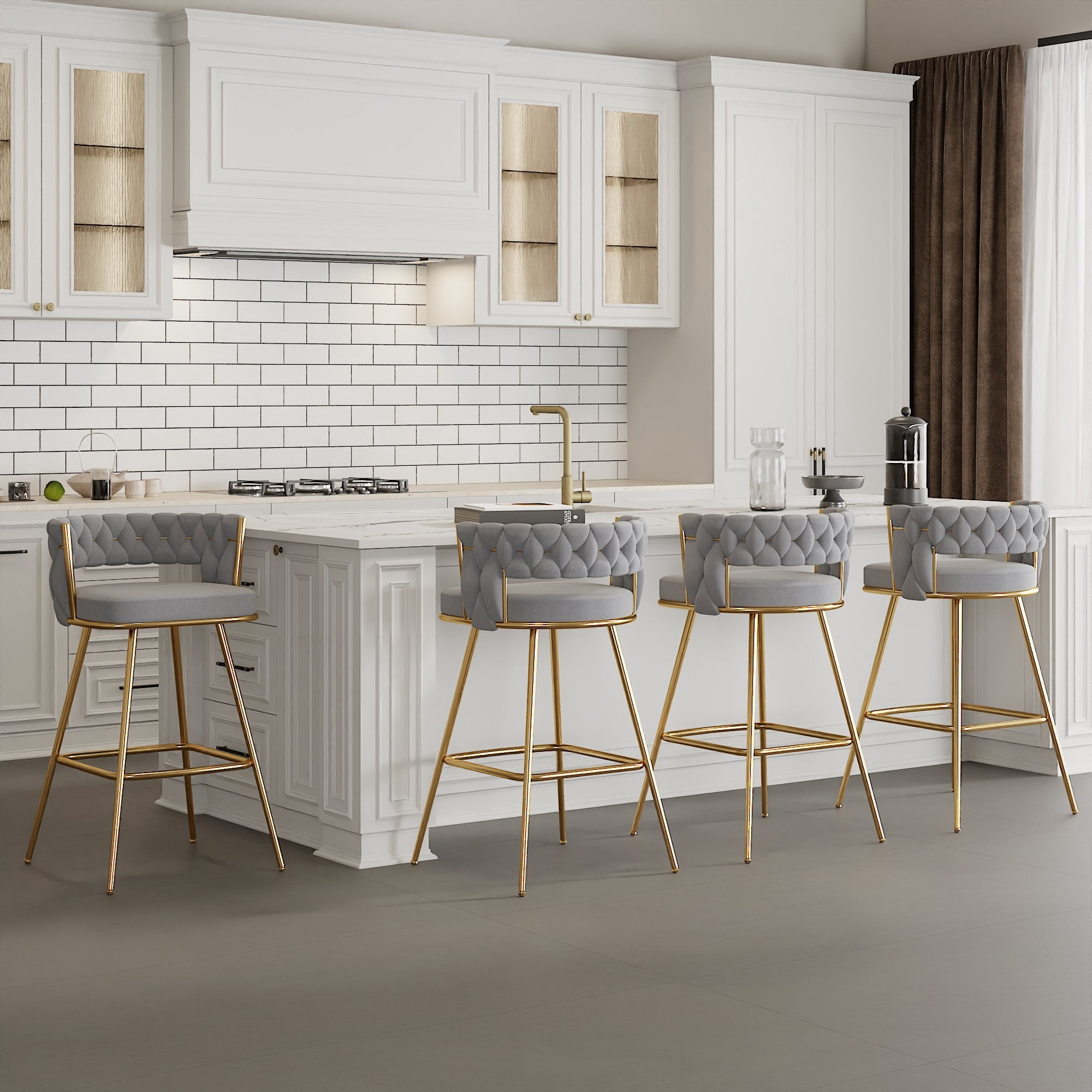 VECELO Modern Braided Bar Stools Set of 4 – Velvet Counter Height Stools with Woven Back Support & Footrest, Heavy-Duty Metal Frame Bar Chairs for Kitchen Island,Grey