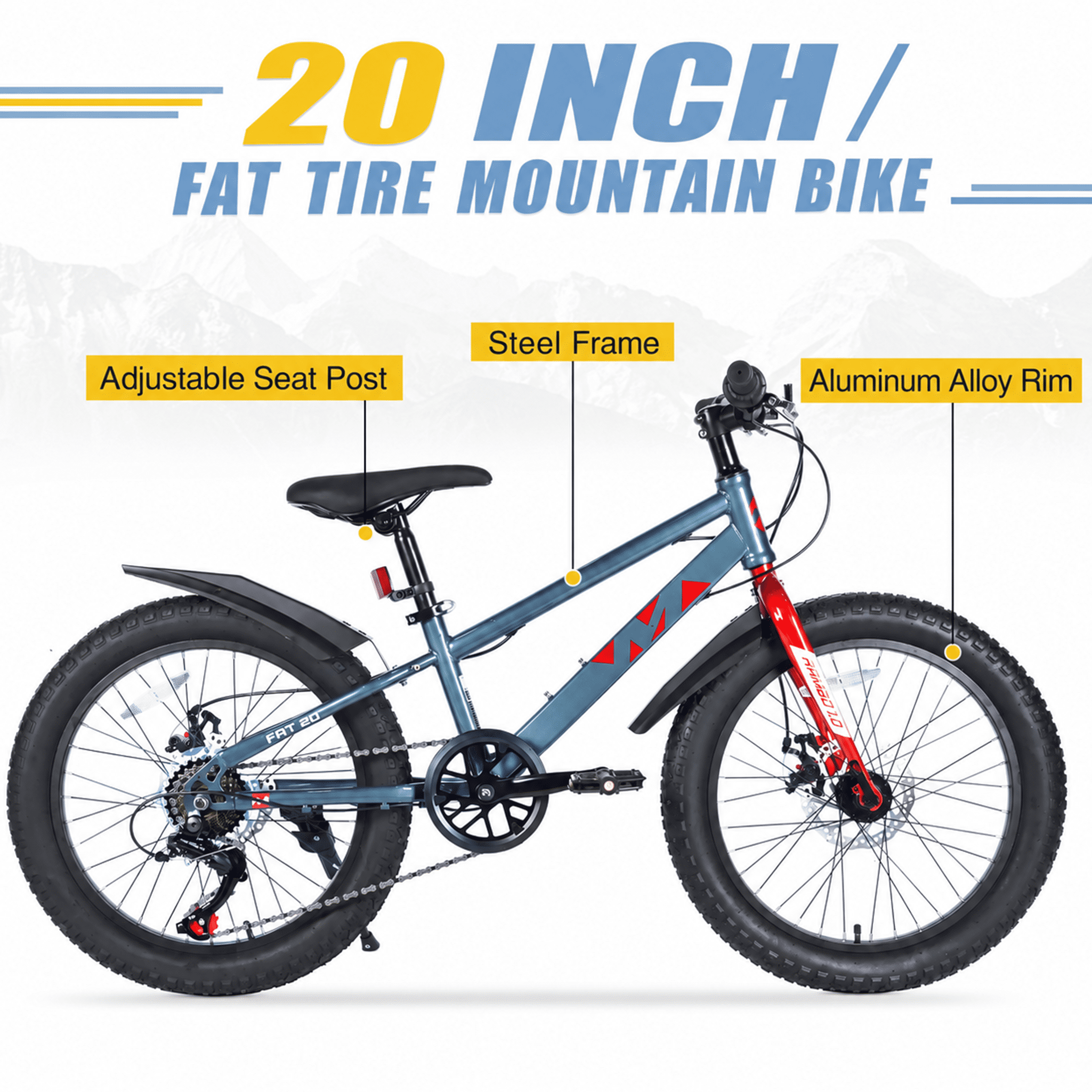 20 Inch Fat Tire Mountain Bike for Boys and Girls Ages 5-12, 7-Speed Kids Bicycle with High-Strength Steel Frame, Dual Disc Brakes and Suspension Fork for All-Terrain Riding, Grey