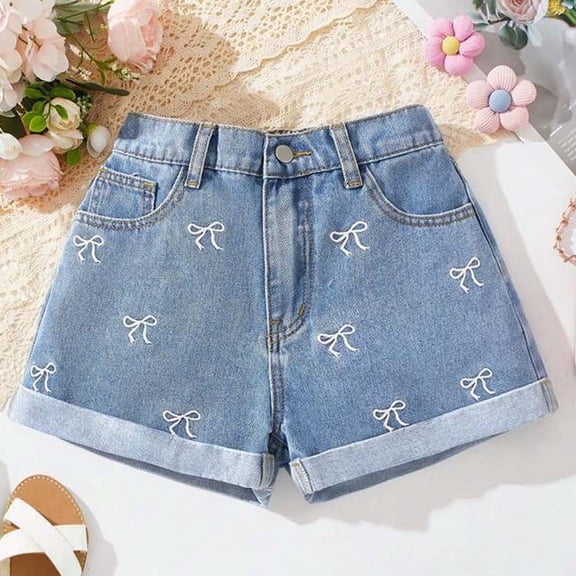 Jean Shorts for Kids Casual Straight Leg Bow Embroidered Shorts Girls Summer Clothes Shorts for Girls 11-12 Years