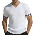 thumbnail image 2 of Men's V Neck Ribbed Knit Sweater, Breathable Striped Cuff Detail, Short Sleeve Knitwear for Business Casual Work and Smart Daily Wear, Sizes S-2XL White, 2 of 6